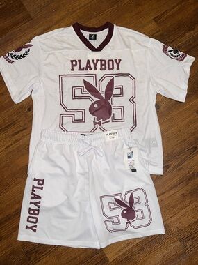 PLAYBOY White & Maroon Mesh Jersey Varsity Short Sleeve Shirt Shorts Set Size S